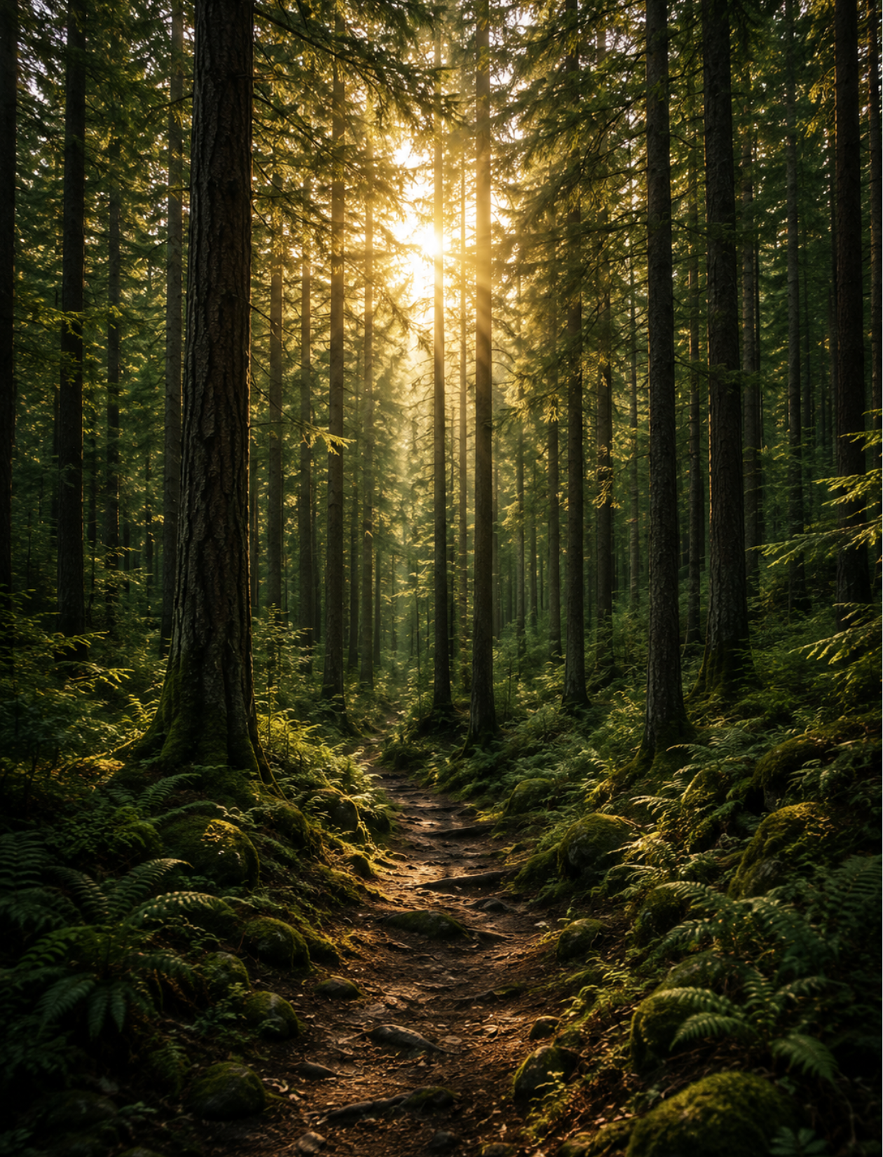A sunlit forest path running through tall evergreen trees, with golden light filtering through the canopy and green ferns covering the forest floor.