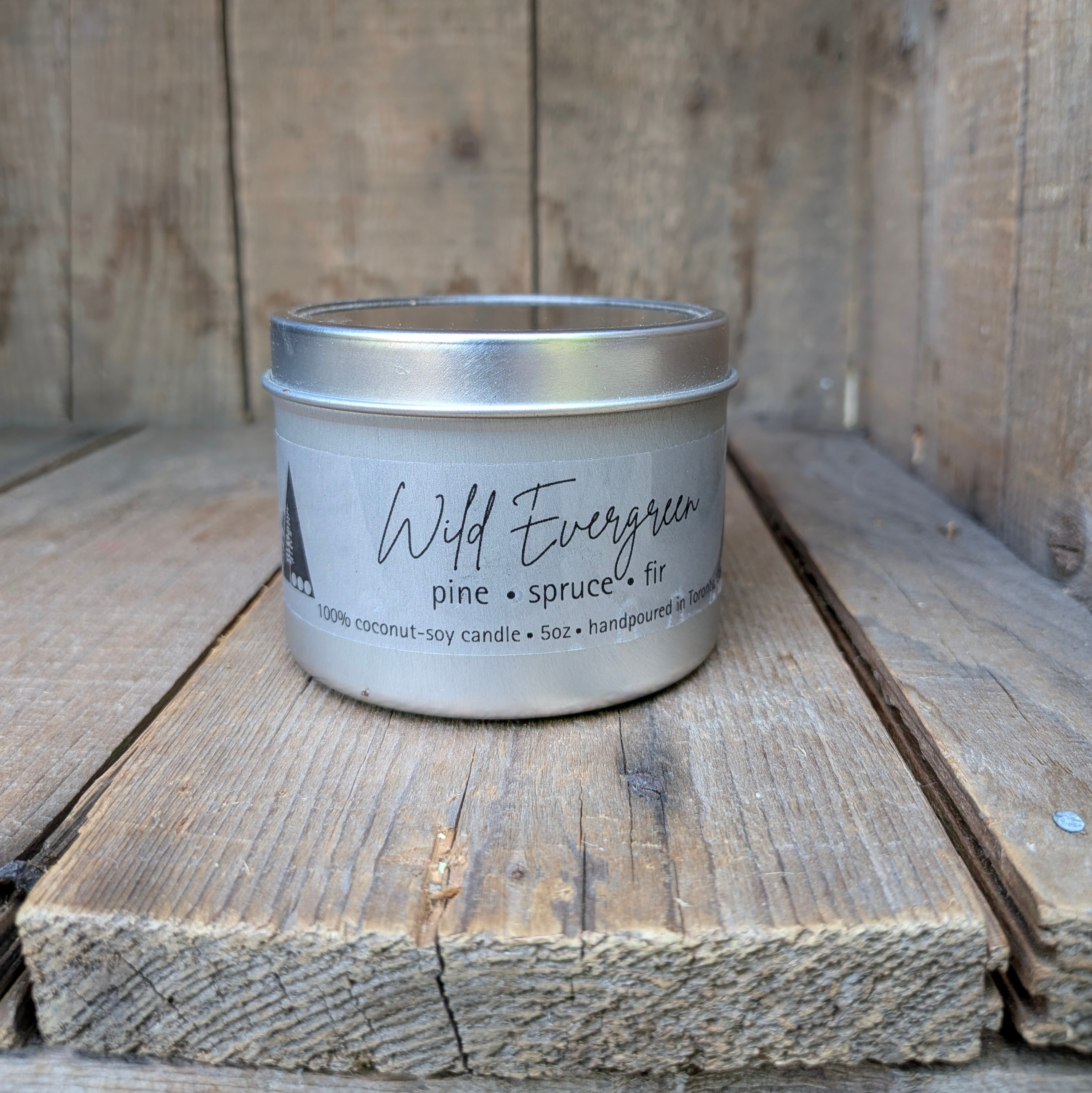 A silver metal tin candle labeled 'Wild Evergreen pine • spruce • fir' sits on rustic wooden boards against a wood plank background.